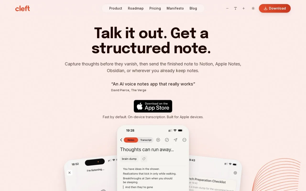 Screenshot of the Cleft homepage