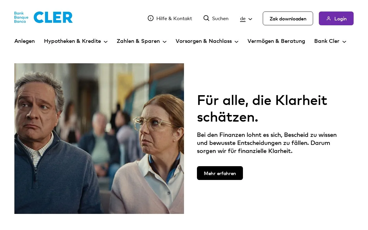Screenshot of the Bank Cler homepage