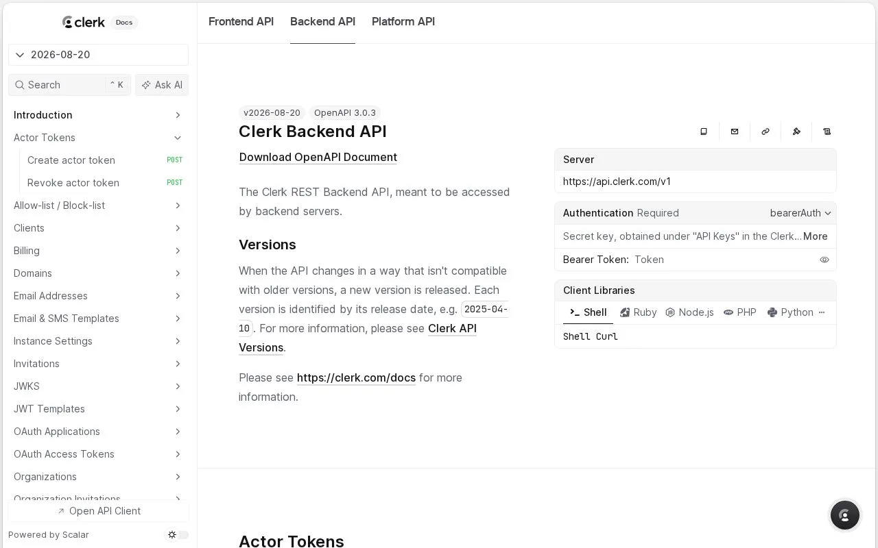 Screenshot of the Clerk Backend API homepage