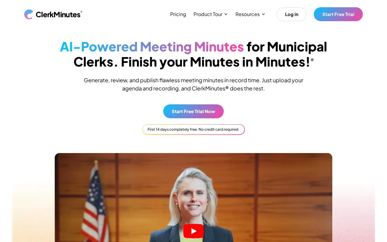 Screenshot of the ClerkMinutes homepage