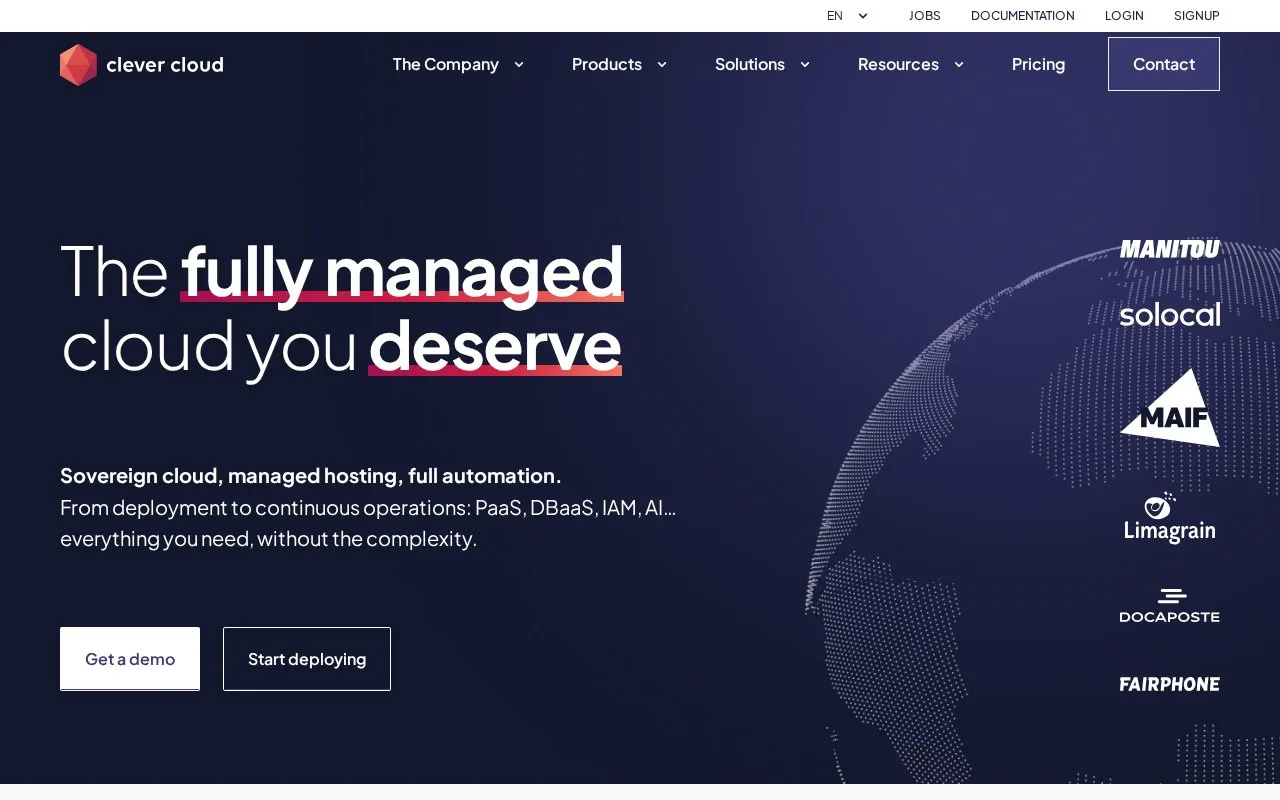 Screenshot of the Clever Cloud homepage