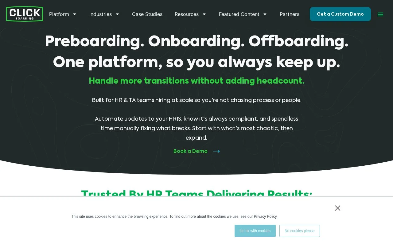 Screenshot of the Click Boarding homepage