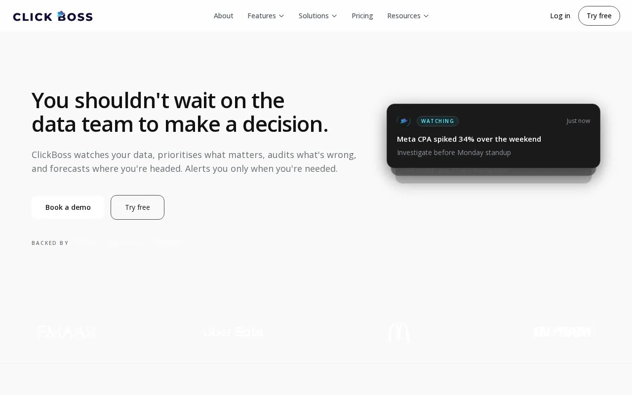 Screenshot of the ClickBoss homepage