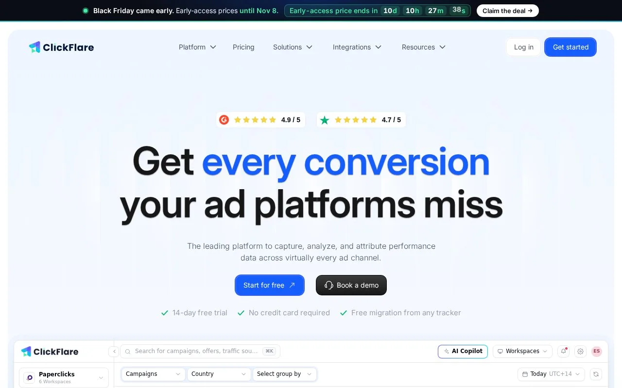 Screenshot of the ClickFlare homepage