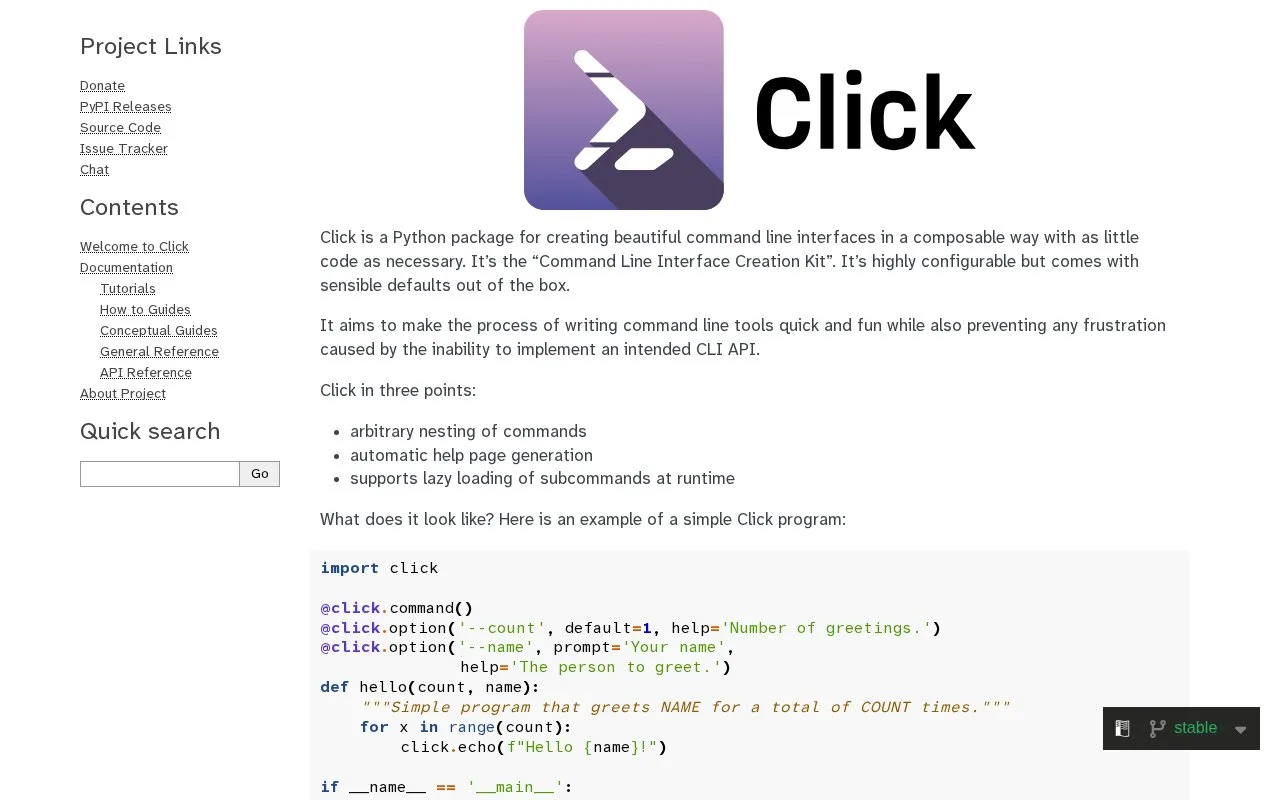Screenshot of the Click homepage