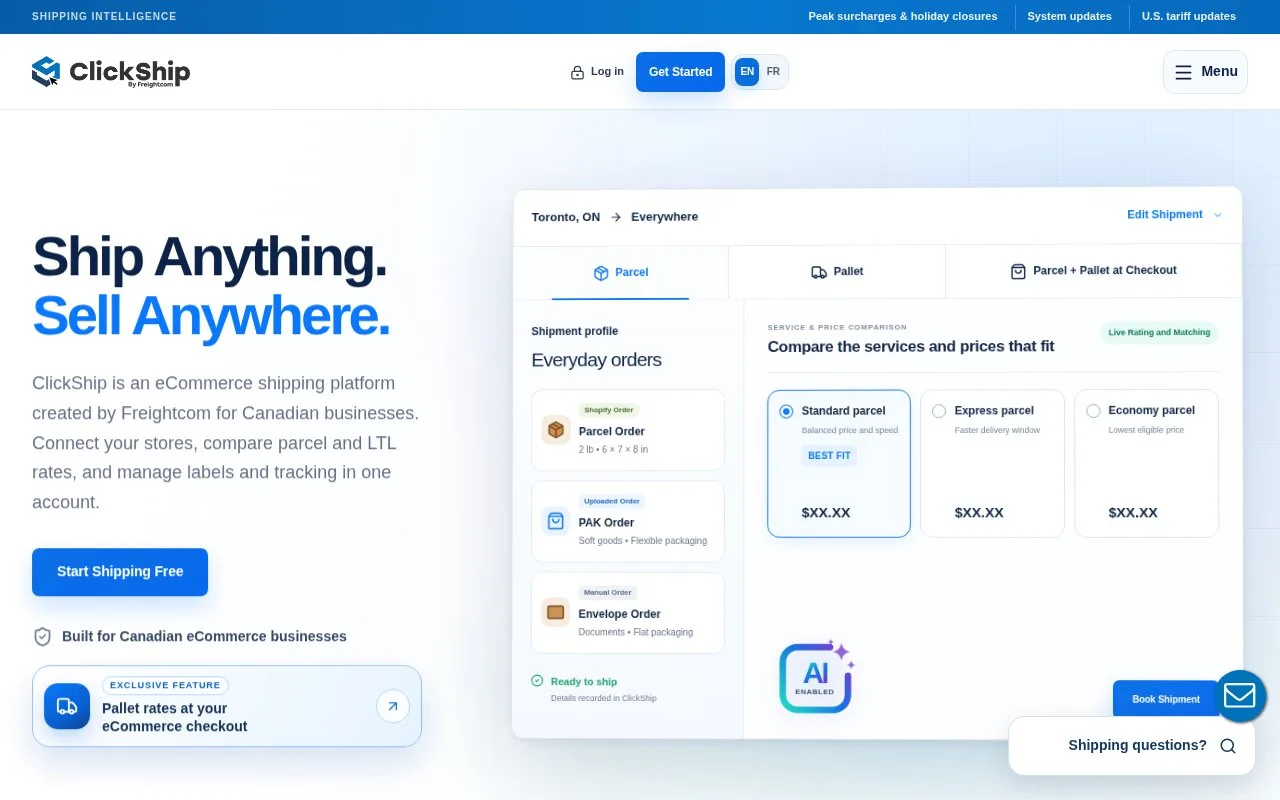 Screenshot of the ClickShip homepage