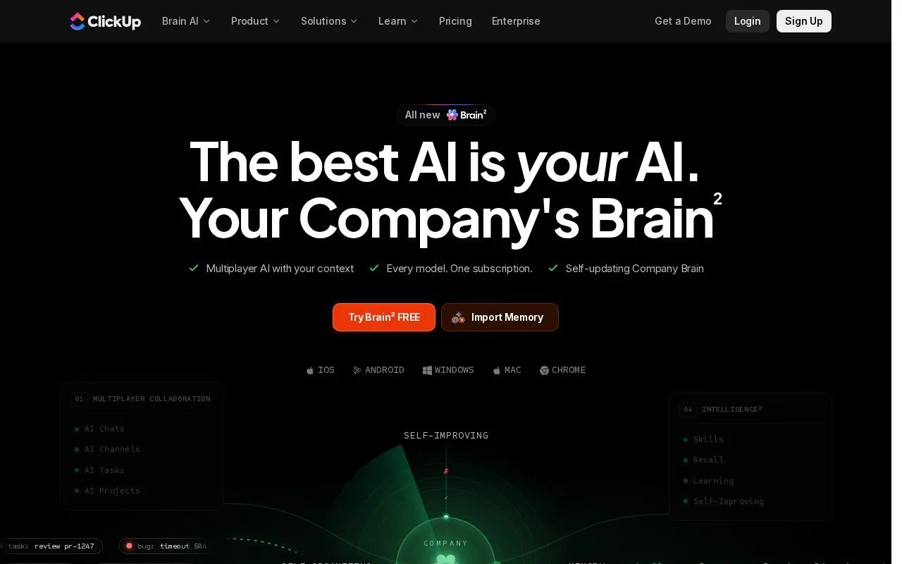 Screenshot of the ClickUp Brain² homepage