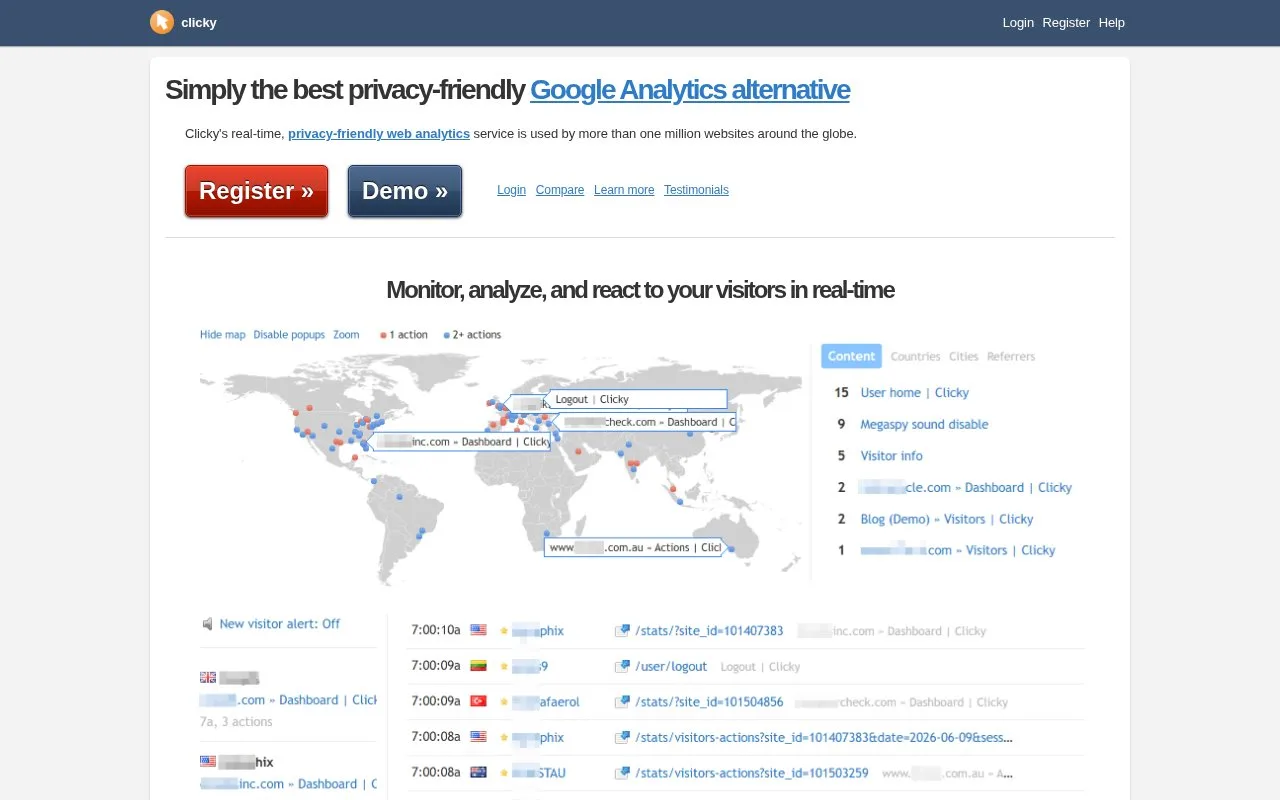 Screenshot of the Clicky homepage