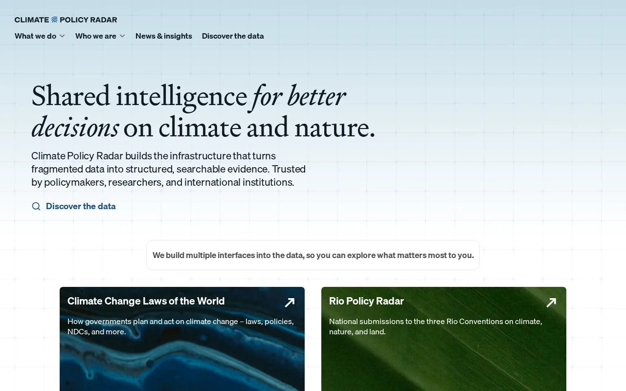Screenshot of the Climate Policy Radar homepage