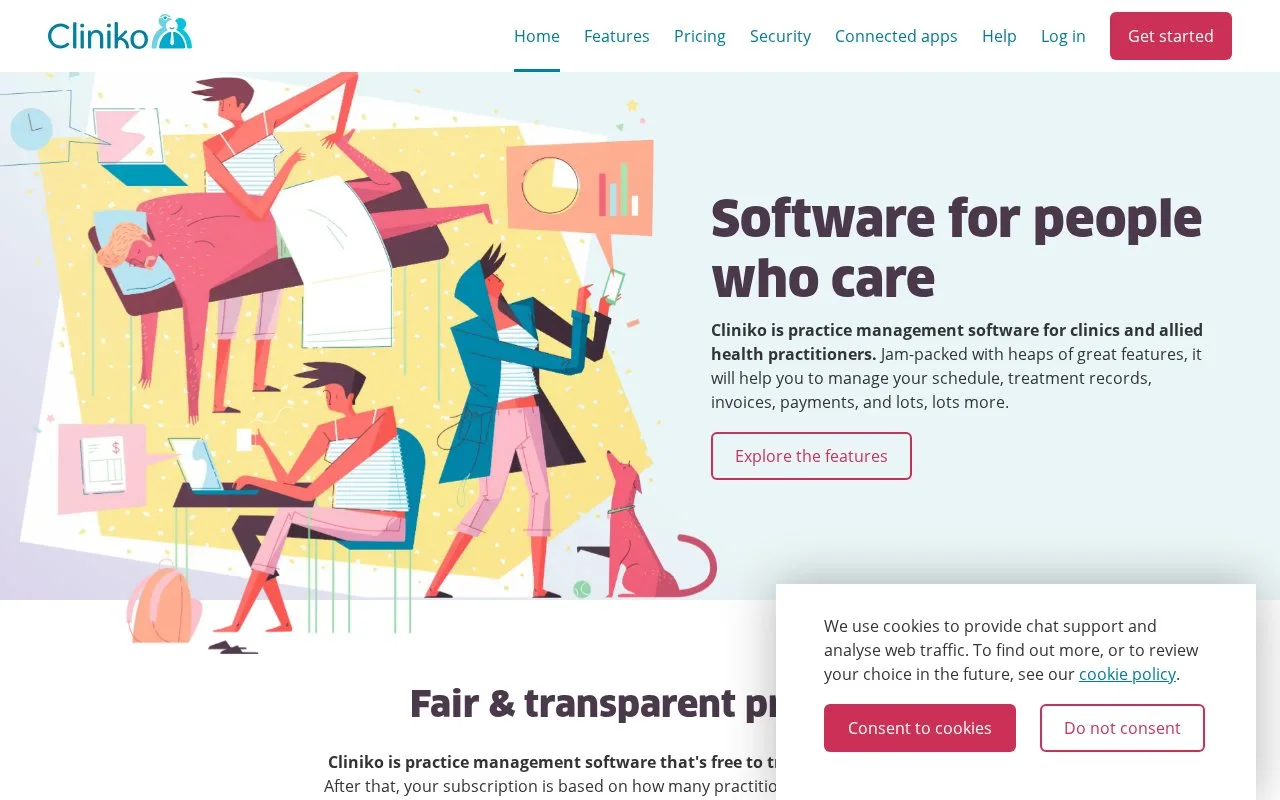 Screenshot of the Cliniko homepage