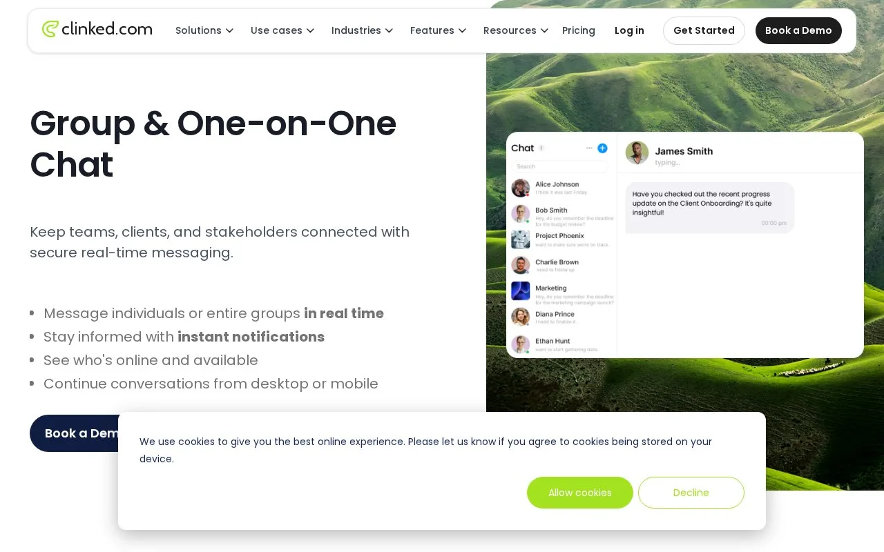 Screenshot of the Clinked homepage