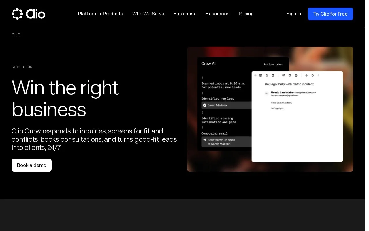Screenshot of the Clio Grow homepage