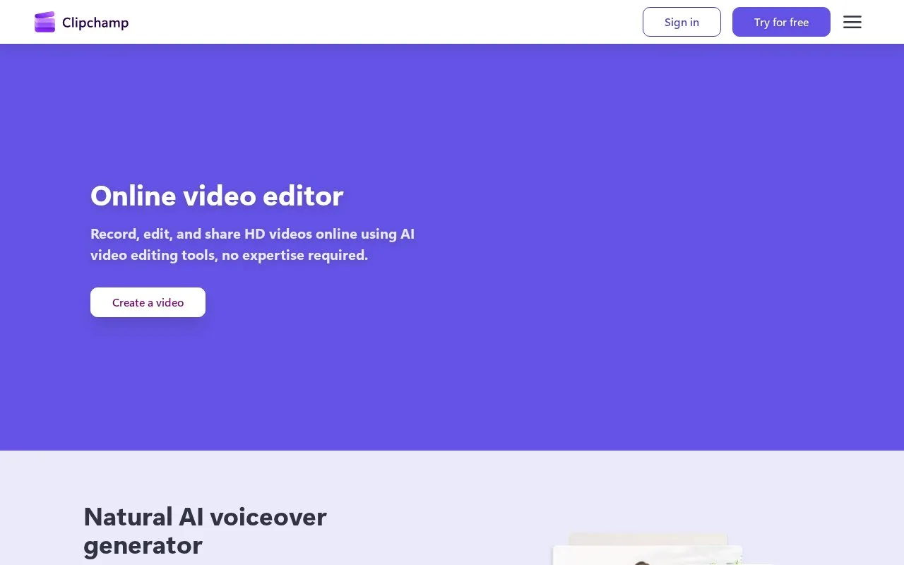 Screenshot of the Clipchamp homepage