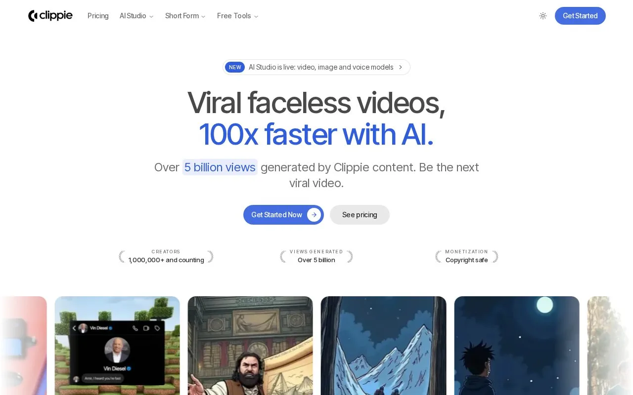 Screenshot of the Clippie AI homepage