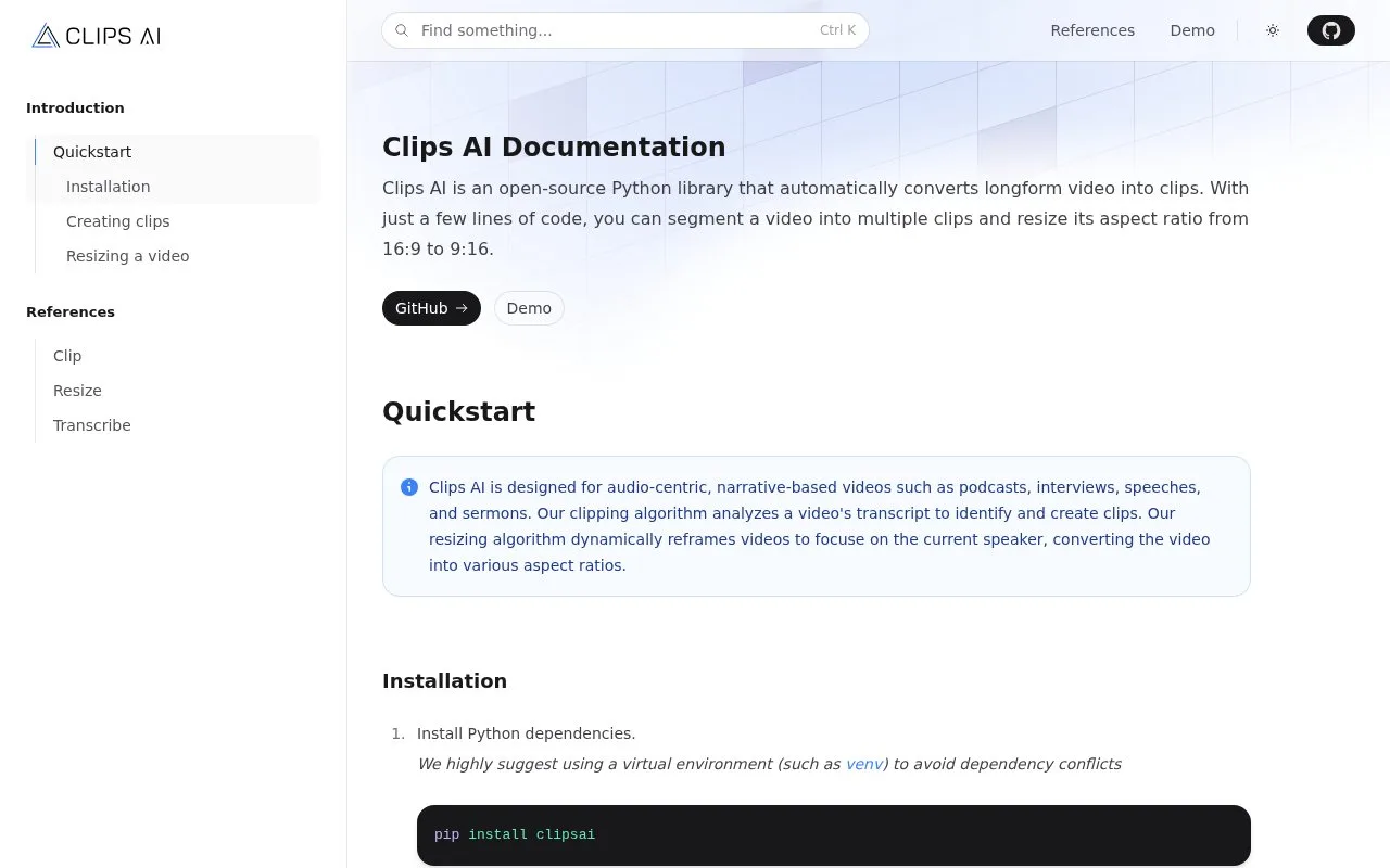 Screenshot of the Clips AI homepage
