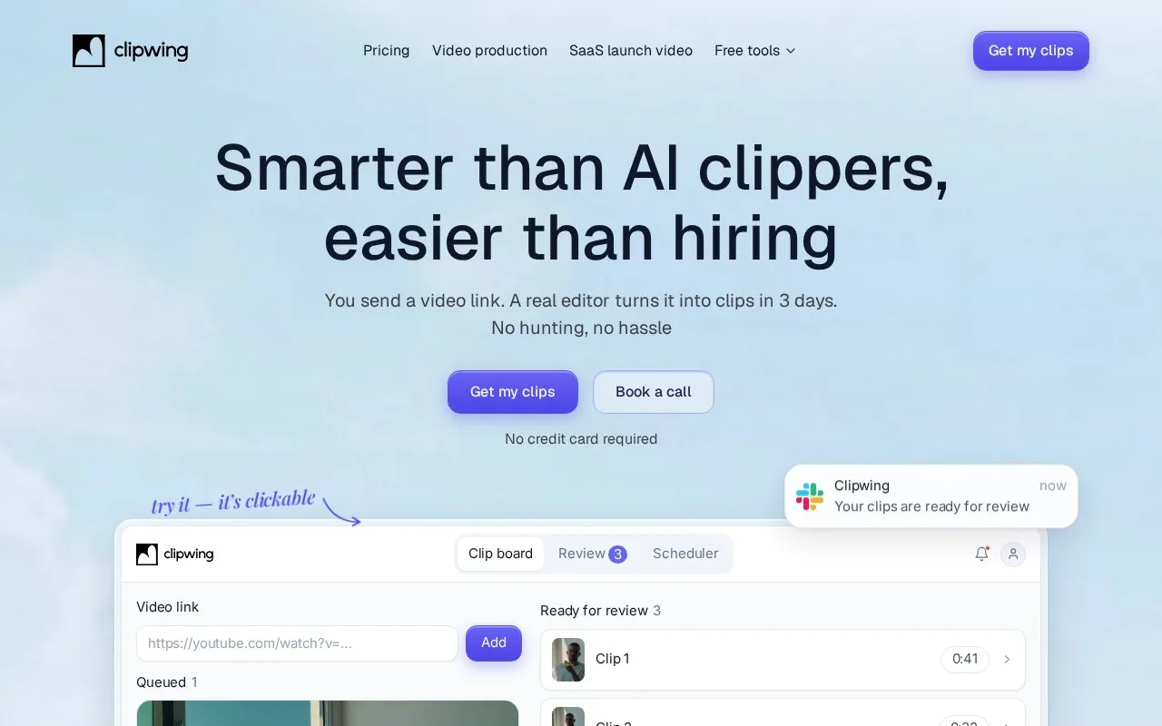 Screenshot of the Clipwing homepage
