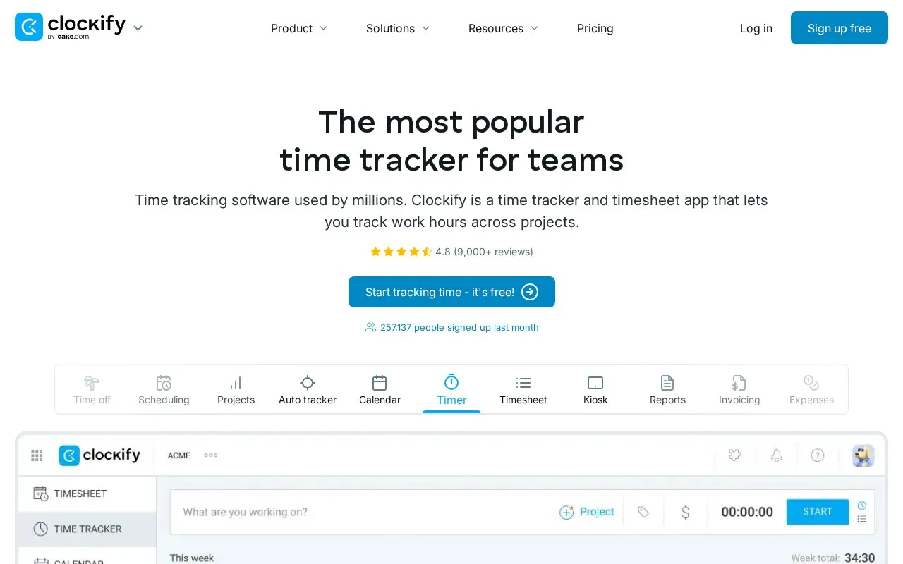 Screenshot of the Clockify homepage