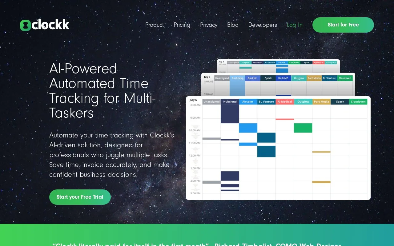 Screenshot of the Clockk homepage