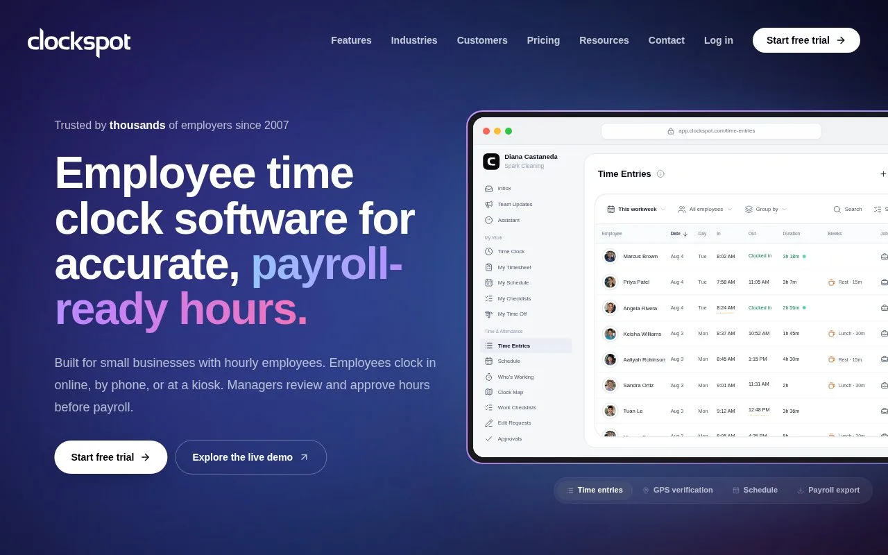 Screenshot of the Clockspot homepage