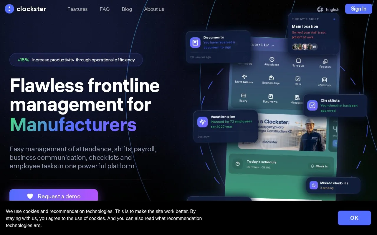 Screenshot of the Clockster homepage