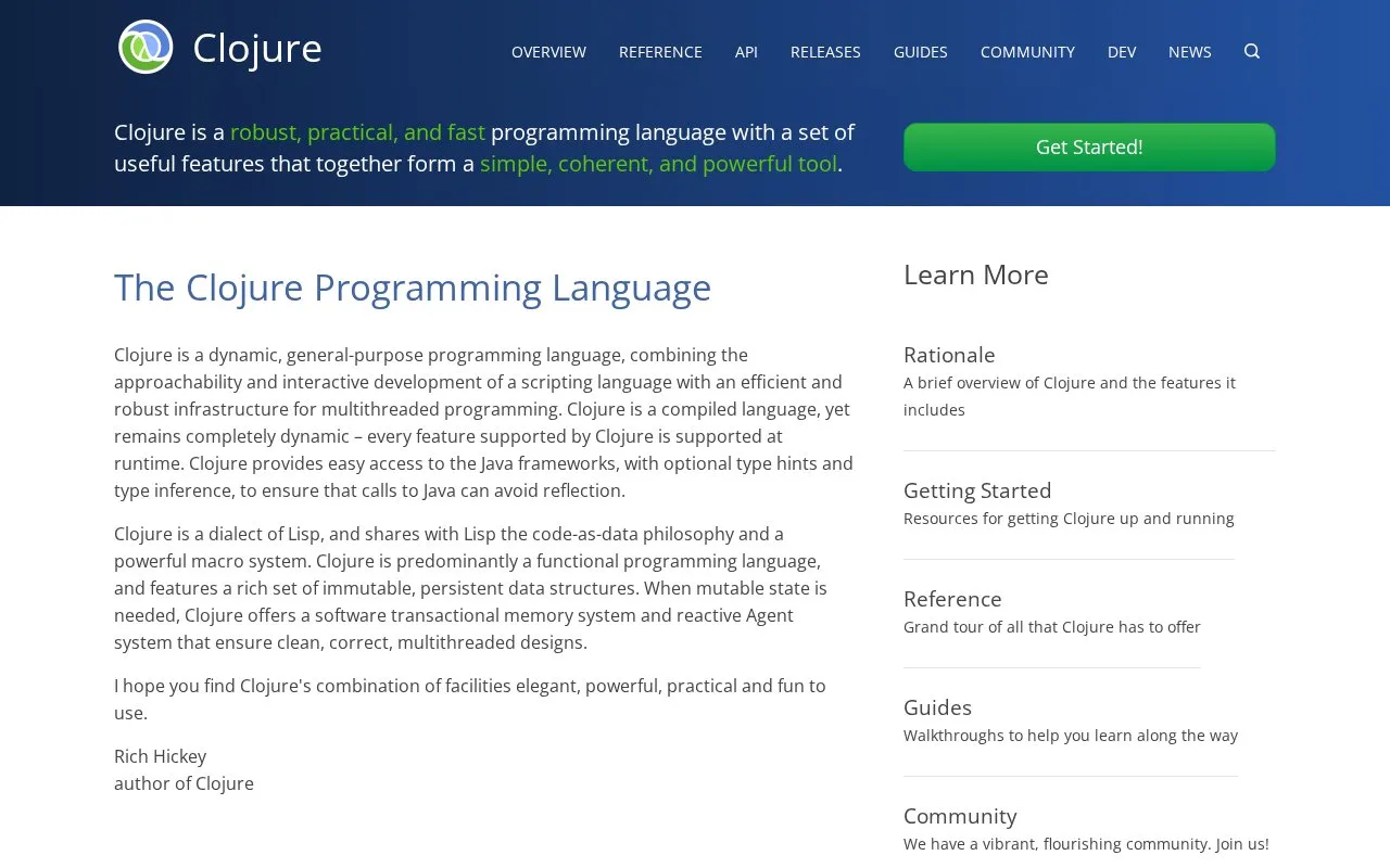Screenshot of the Clojure homepage