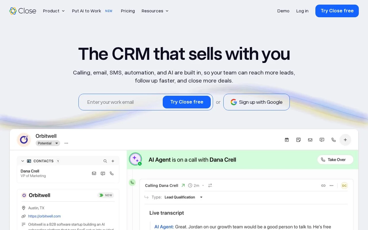 Screenshot of the Close homepage