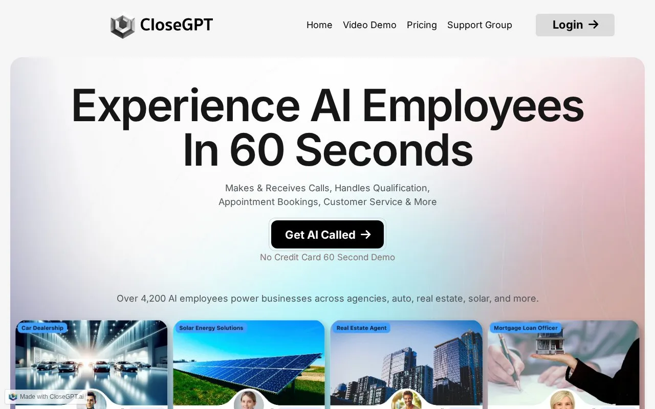 Screenshot of the CloseGPT homepage