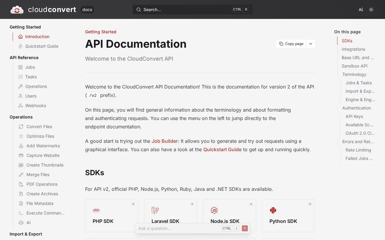 Screenshot of the CloudConvert API v2 homepage