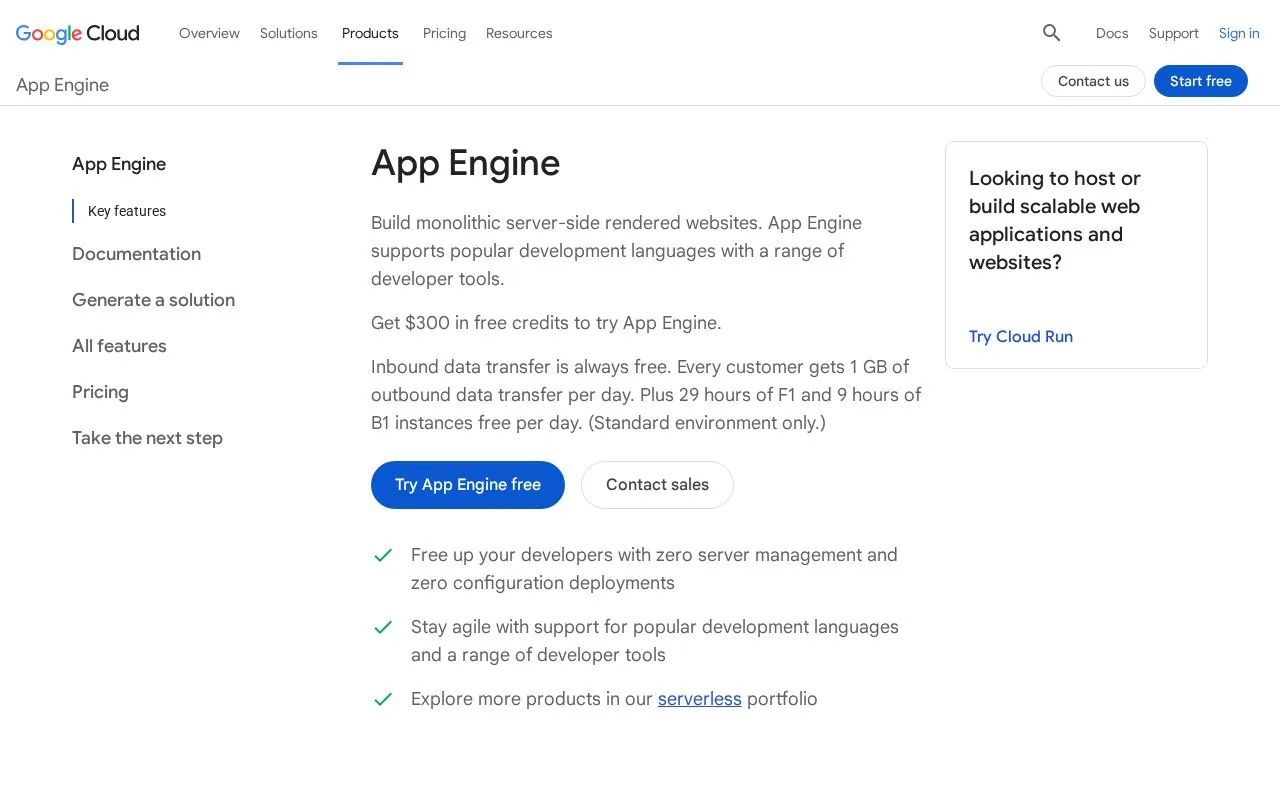 Screenshot of the Google App Engine homepage