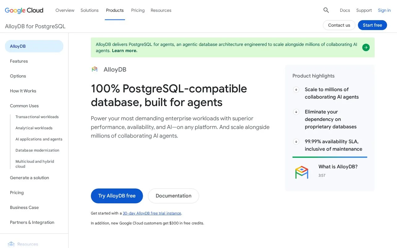 Screenshot of the AlloyDB for PostgreSQL homepage
