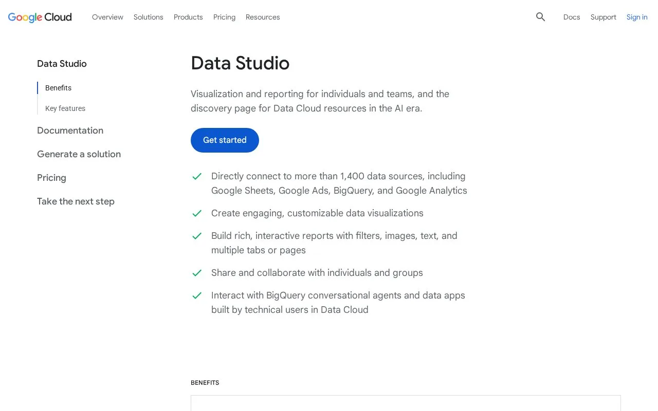 Screenshot of the Google Data Studio homepage