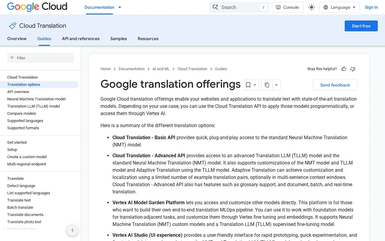 Screenshot of the Google Cloud Translation API homepage