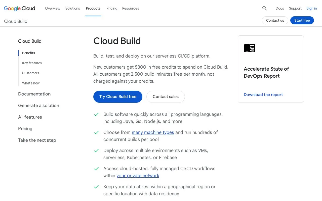 Screenshot of the Google Cloud Build homepage