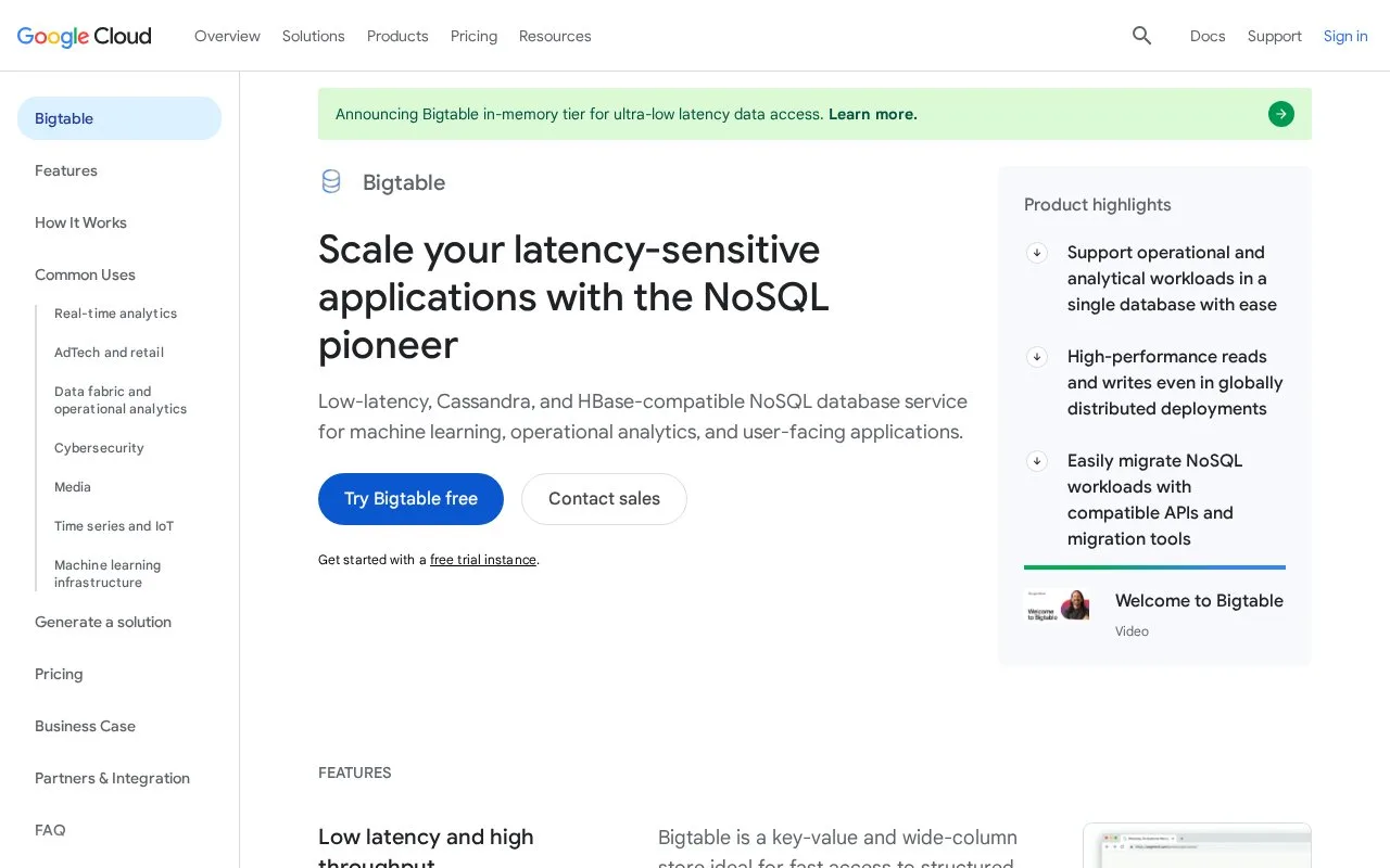 Screenshot of the Google Cloud Bigtable homepage