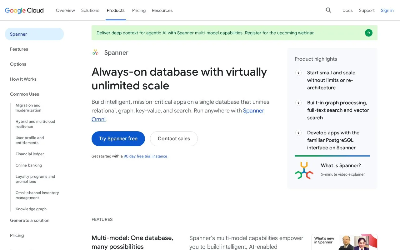 Screenshot of the Google Cloud Spanner homepage