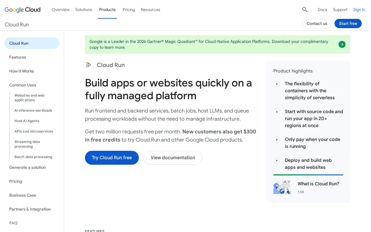 Screenshot of the Google Cloud Run homepage