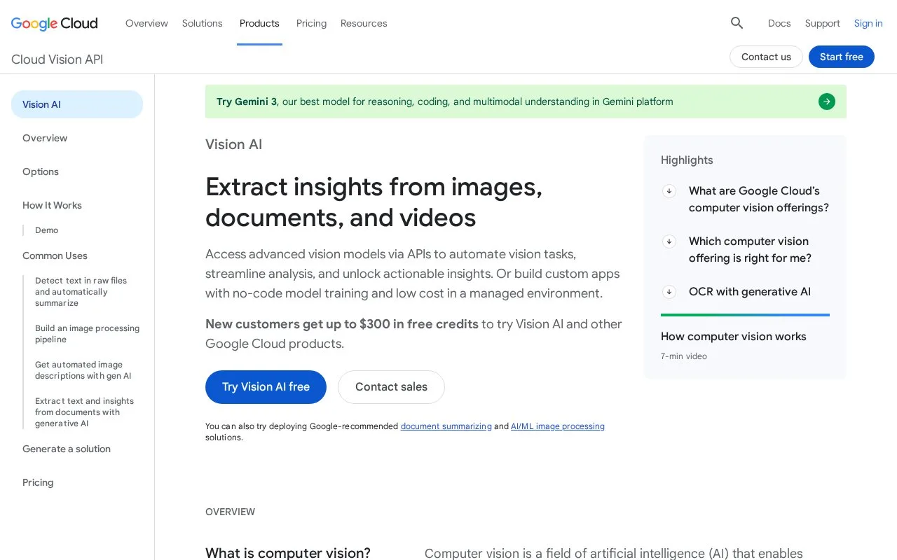 Screenshot of the Google Cloud Vision API homepage