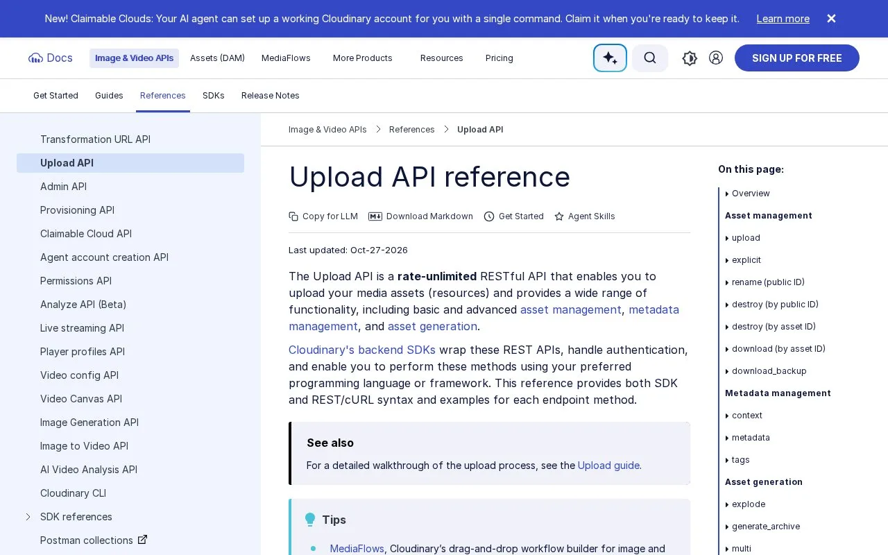Screenshot of the Cloudinary Image and Video API homepage