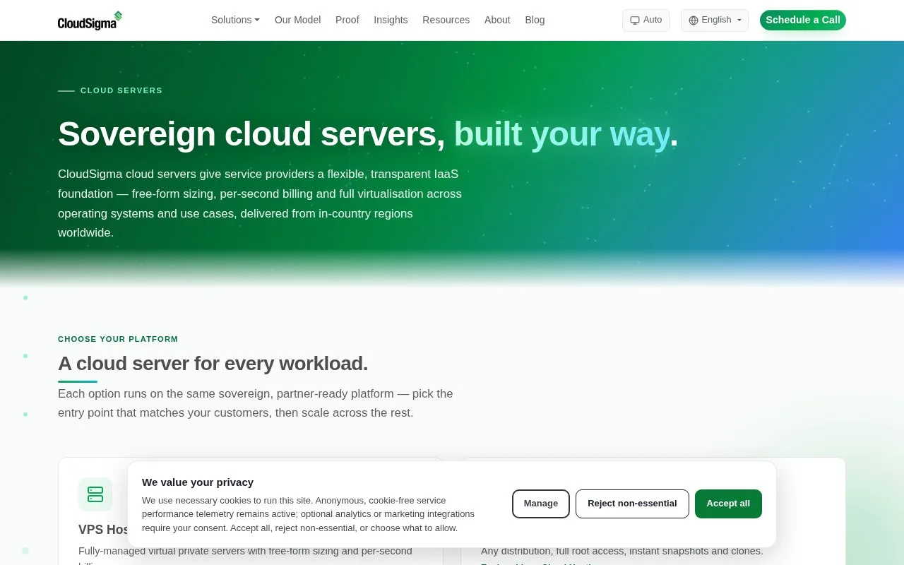 Screenshot of the CloudSigma Cloud Servers homepage