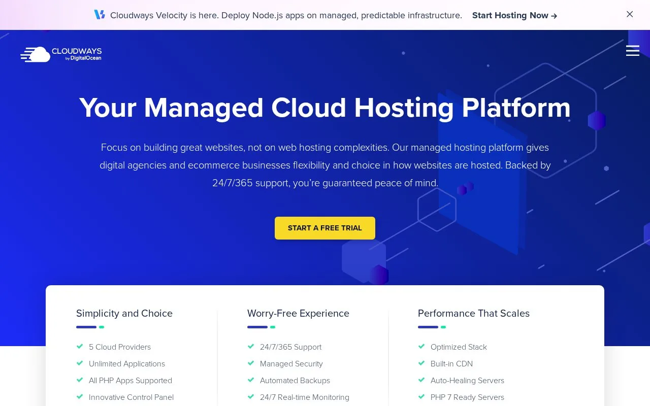 Screenshot of the Cloudways Flexible homepage