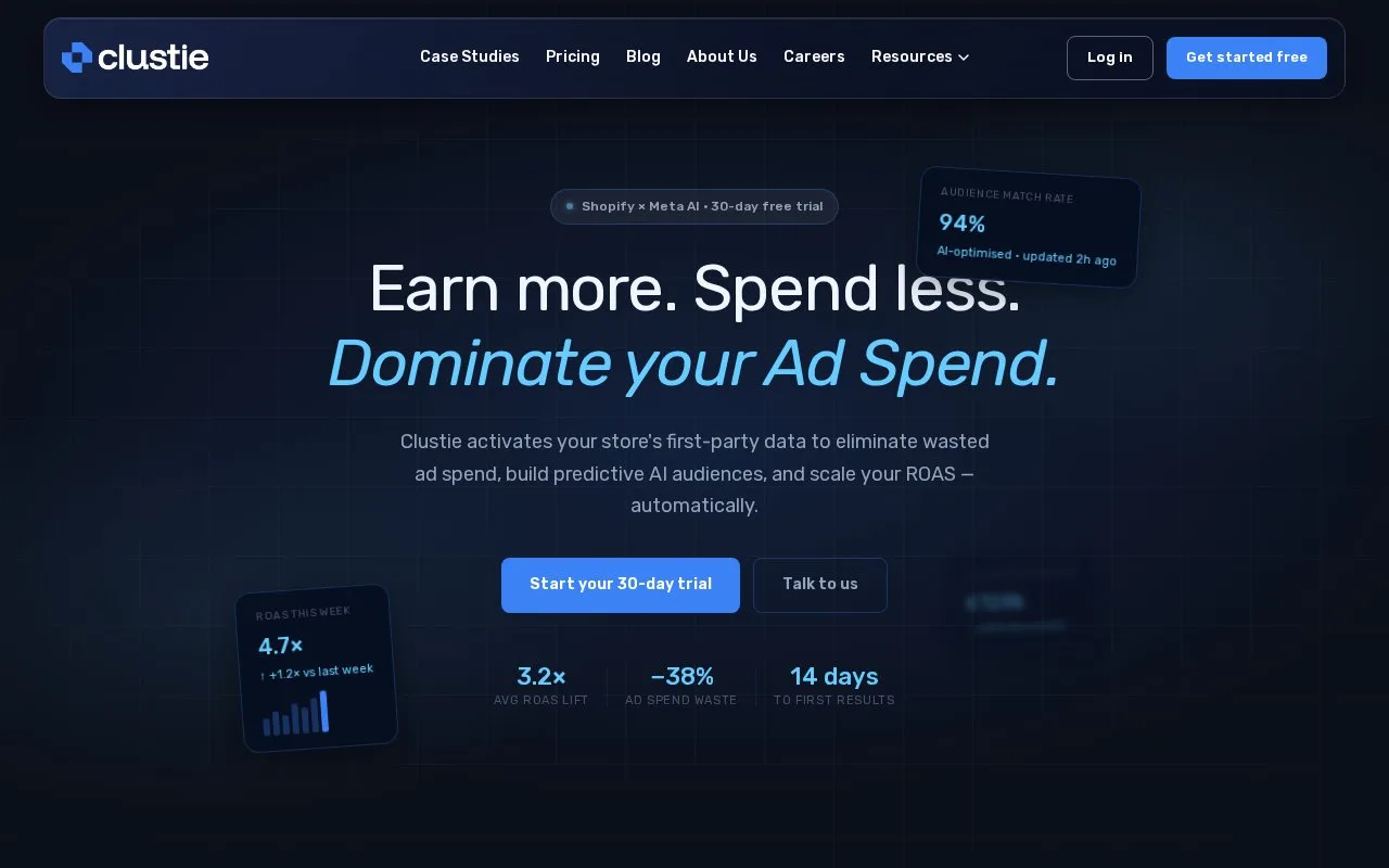 Screenshot of the Clustie homepage