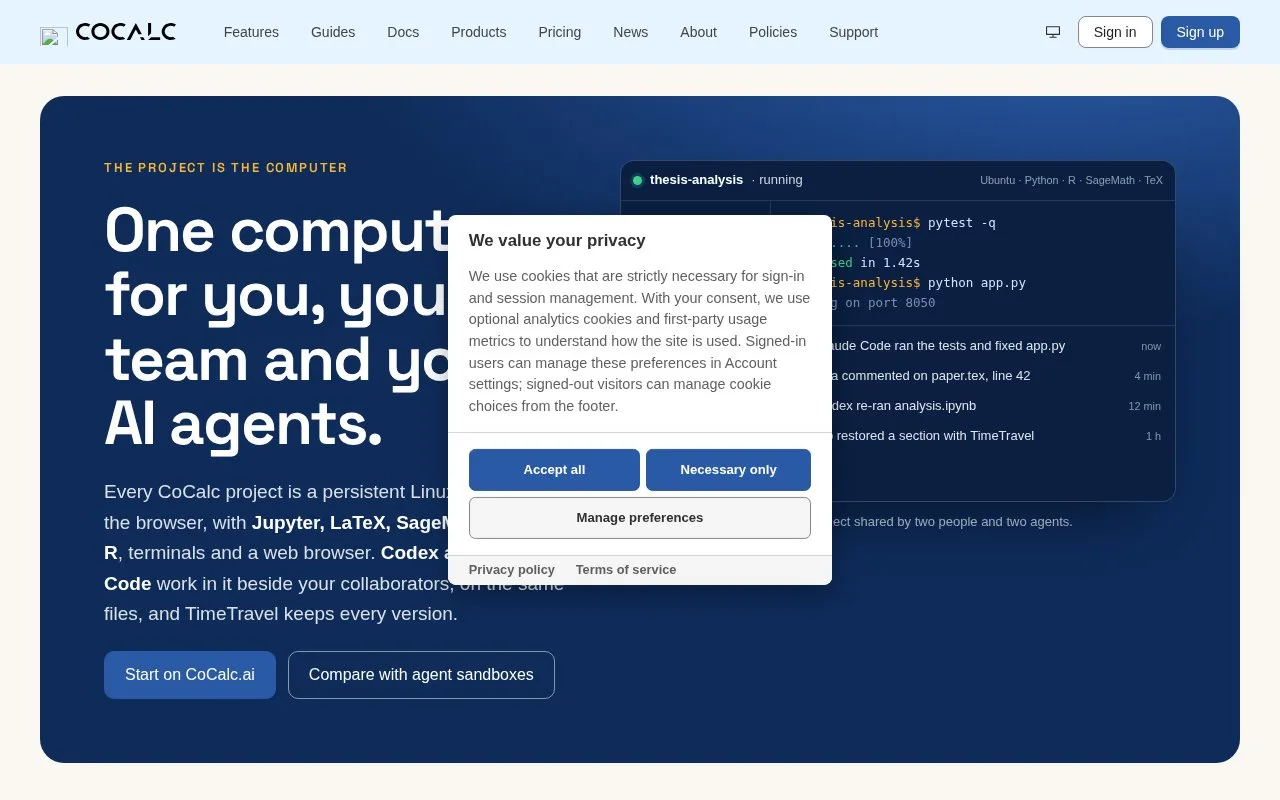 Screenshot of the CoCalc homepage
