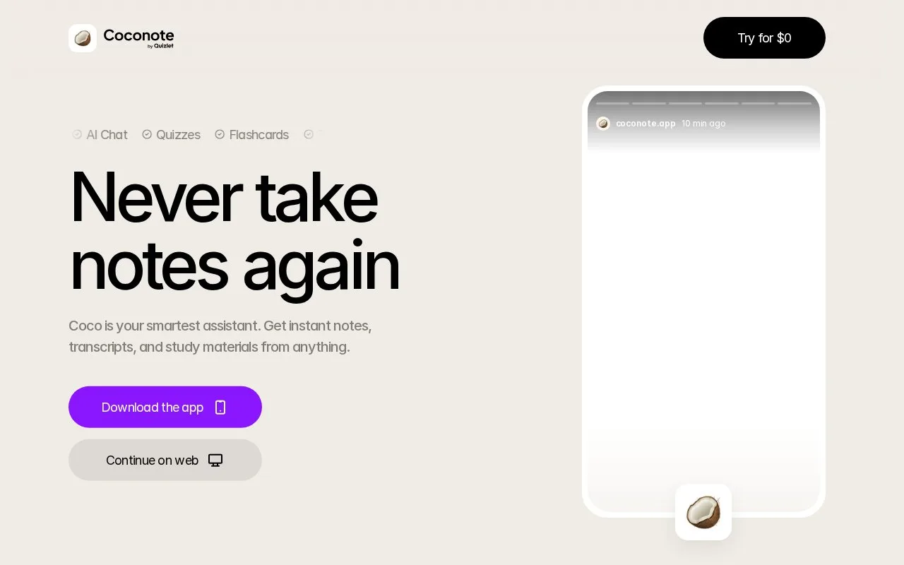 Screenshot of the Coconote homepage