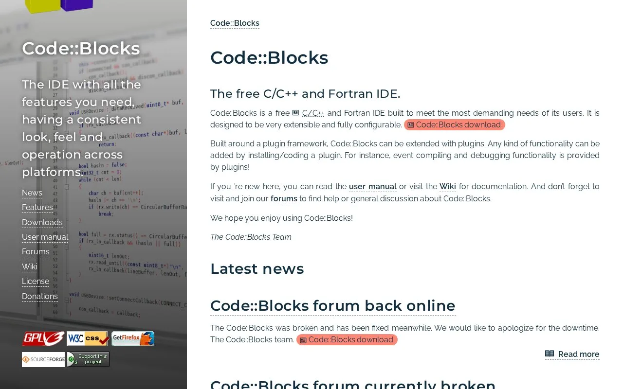 Screenshot of the Code::Blocks homepage