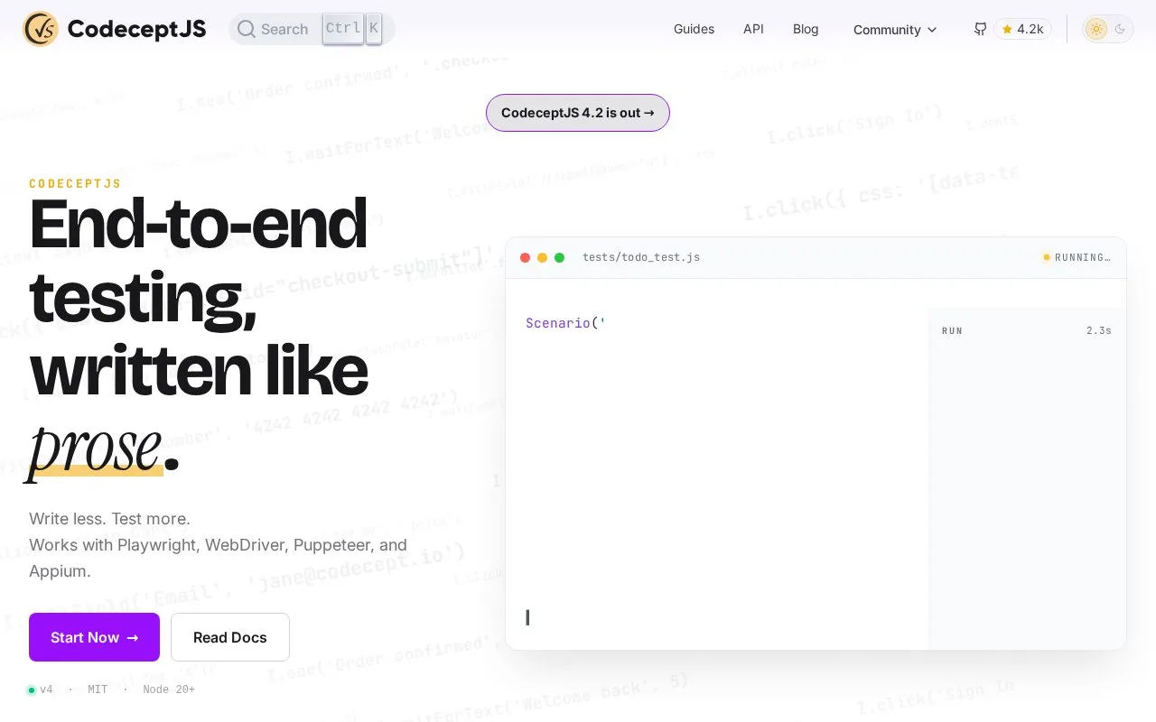 Screenshot of the CodeceptJS homepage