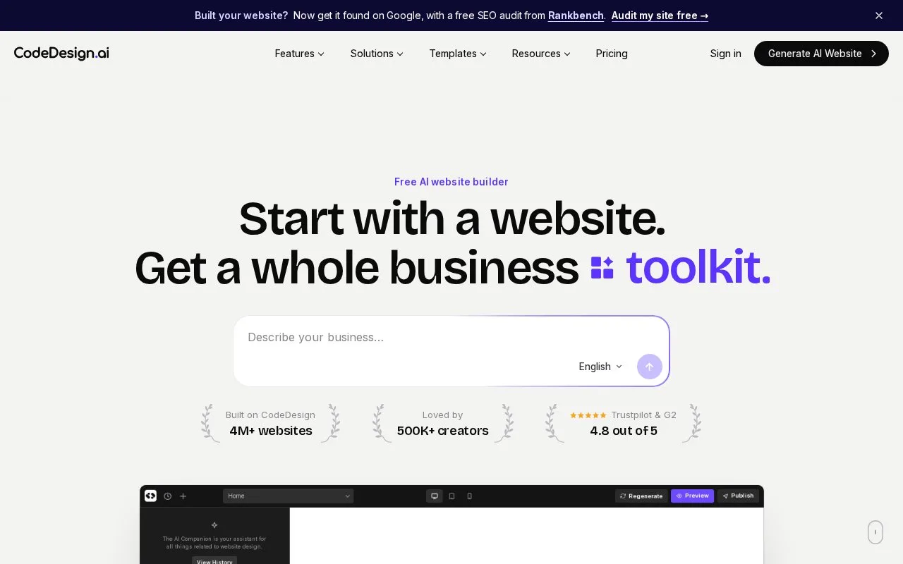 Screenshot of the CodeDesign.ai homepage
