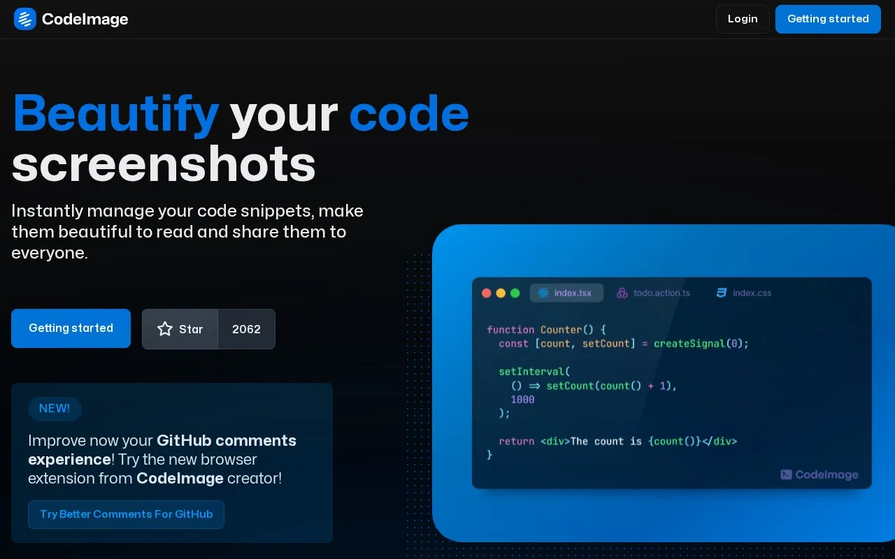 Screenshot of the CodeImage homepage