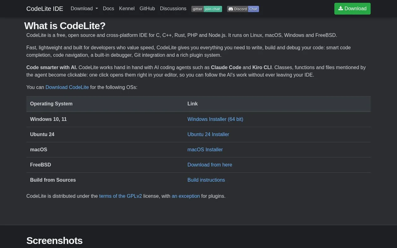 Screenshot of the CodeLite homepage