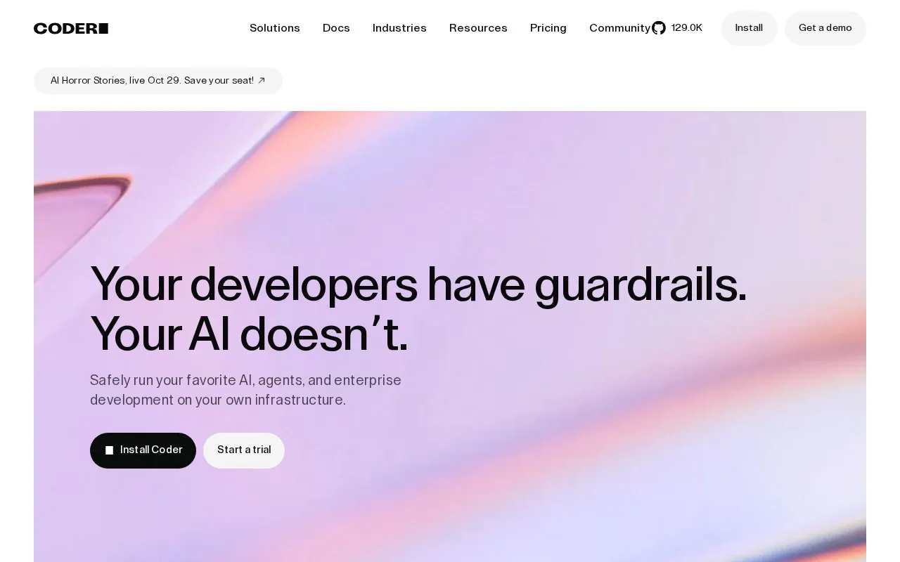 Screenshot of the Coder Workspaces homepage
