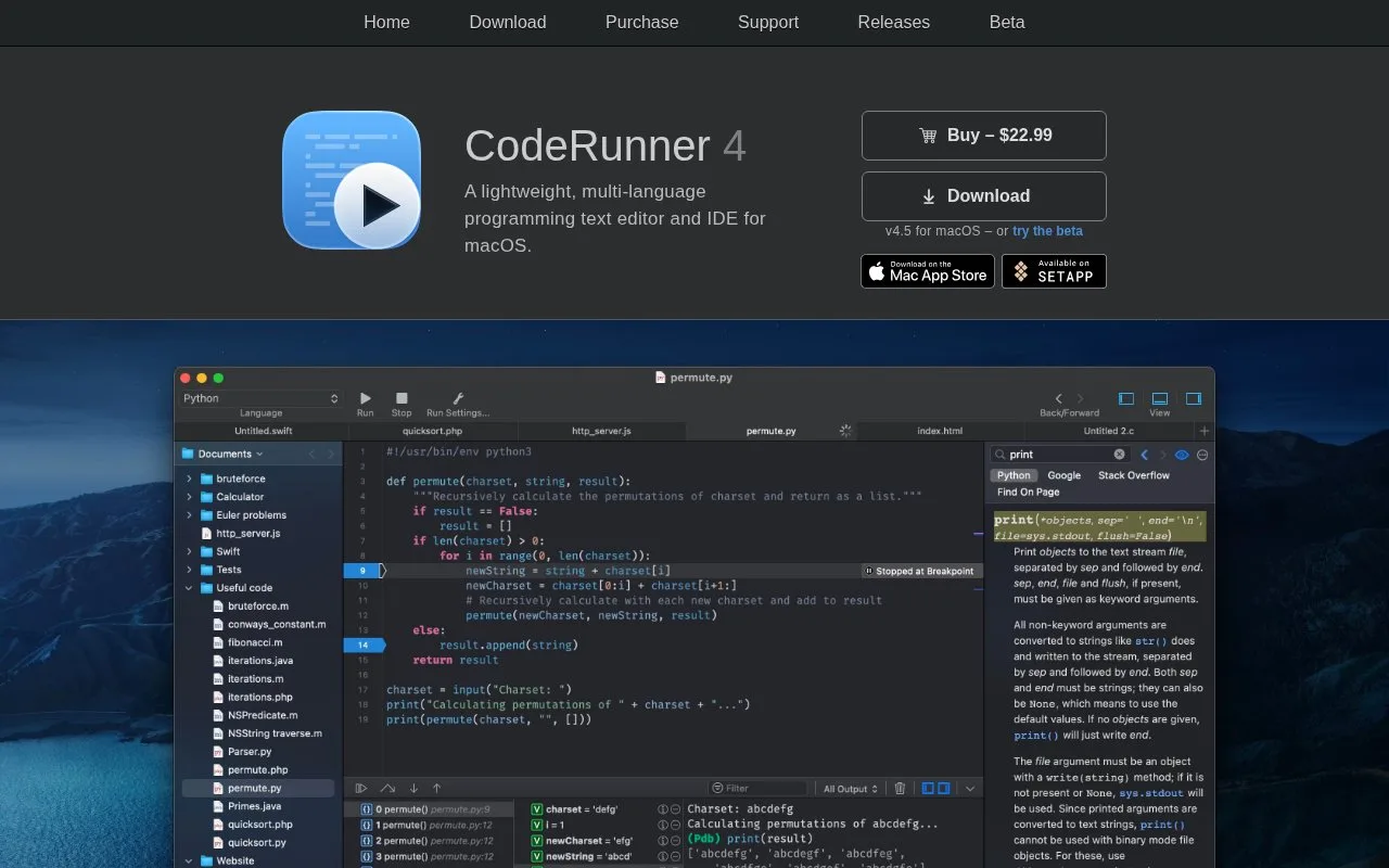 Screenshot of the CodeRunner 4 homepage